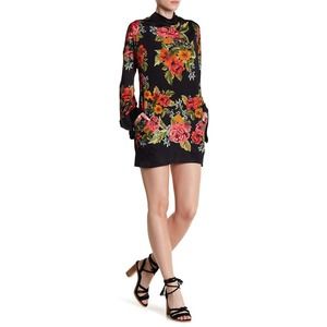 Free People Long Sleeve Tie-Back Floral Dress - Floral - Black Multi/Red Multi